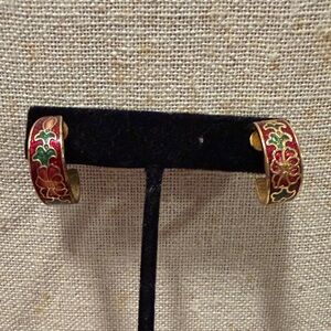 Vintage Cloisonné Enamel Floral Hoop Earrings - Red & Green Gold-Tone